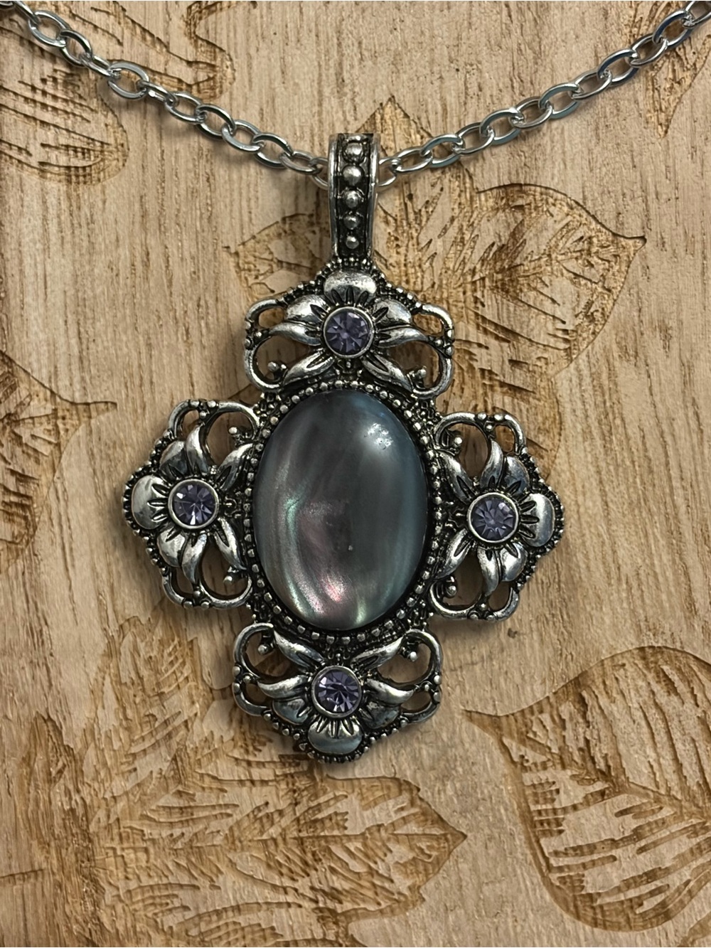 Silver Floral Pendant Necklace with Gray Moonstone and Purple Accents